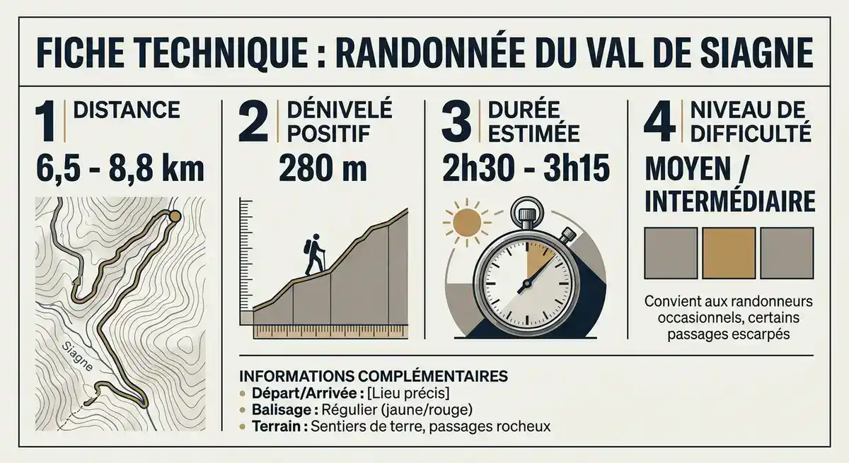 Infographie des données techniques de la randonnée du Val de Siagne