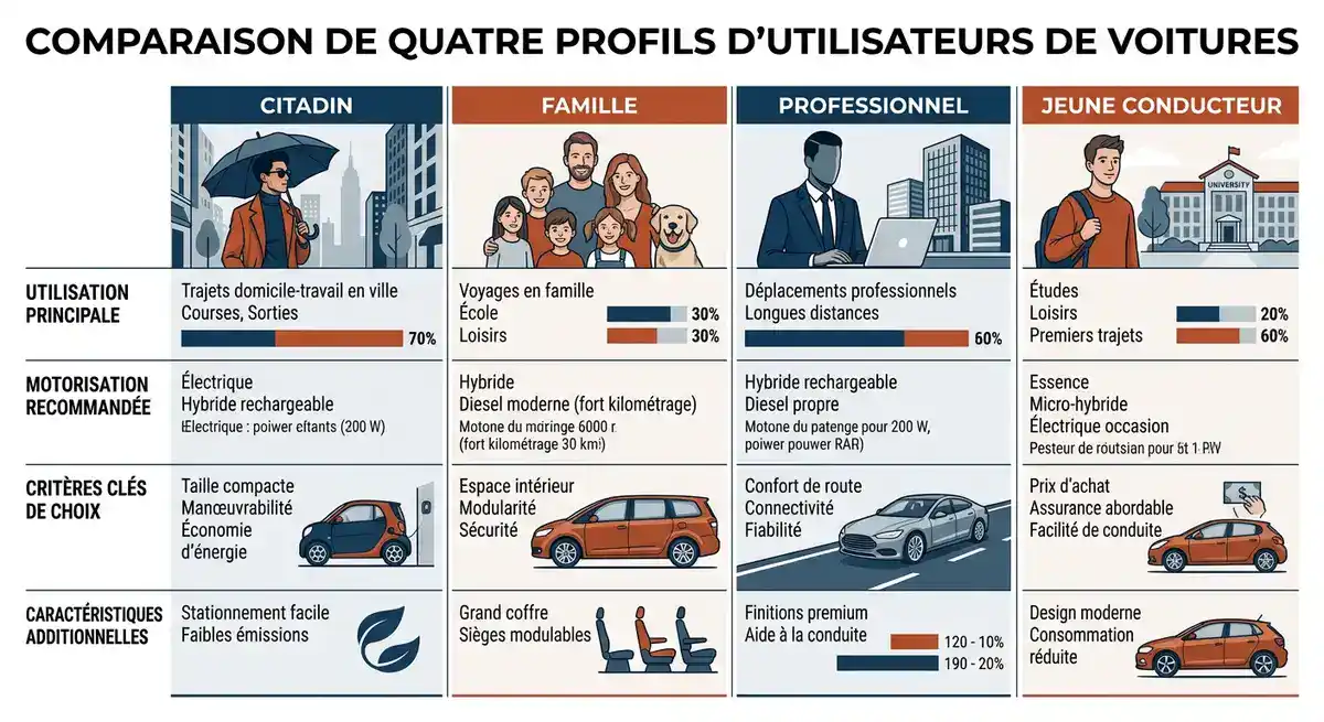 Infographie comparative des profils d'utilisateurs pour le choix d'un véhicule