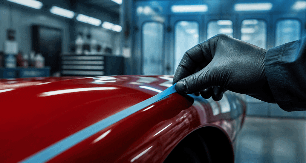 ruban adhésif carrosserie voiture sur aile rouge