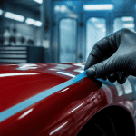 ruban adhésif carrosserie voiture sur aile rouge