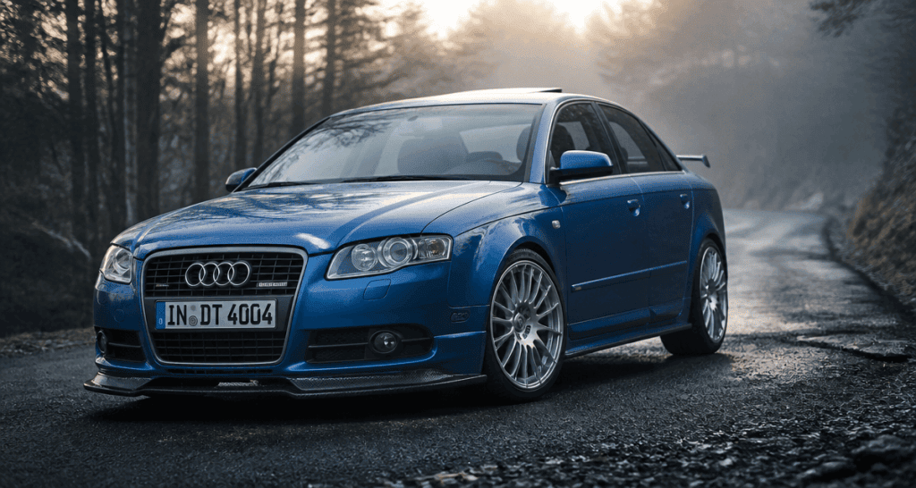 audi a4 dtm edition bleu sprint sur route sinueuse au lever du jour