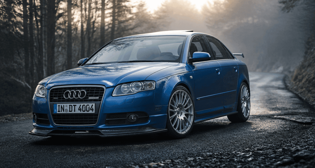 audi a4 dtm edition bleu sprint sur route sinueuse au lever du jour