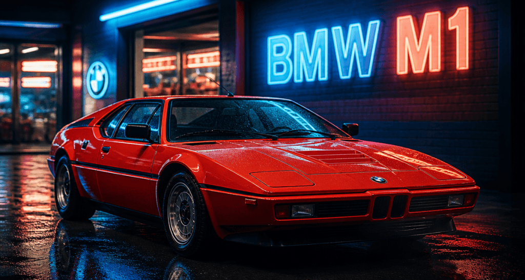 bmw m1 supercar rouge devant garage rétro