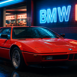 bmw m1 supercar rouge devant garage rétro