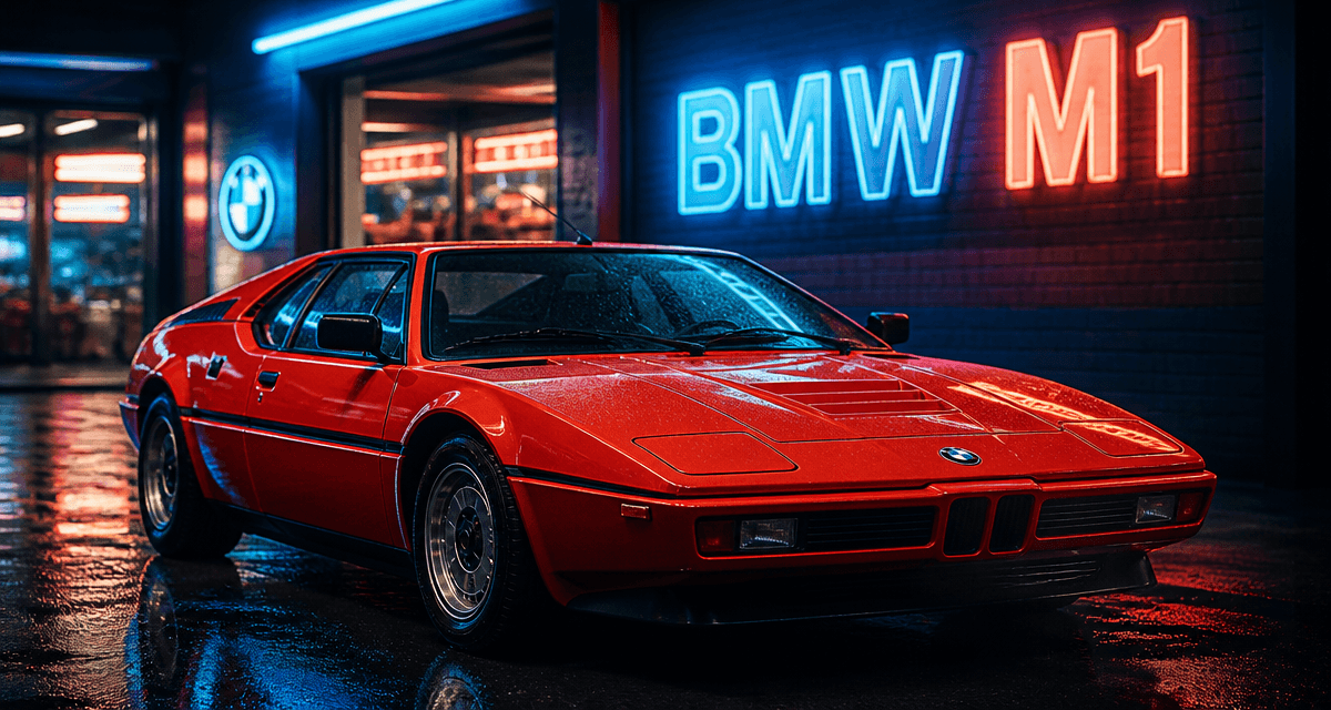 bmw m1 supercar rouge devant garage rétro