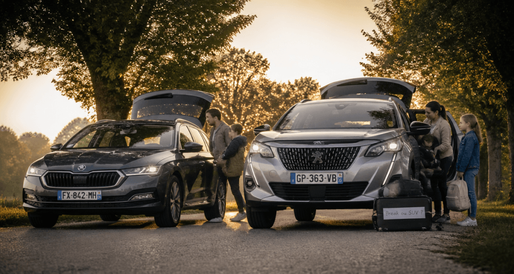 break ou suv garés côte à côte avec famille