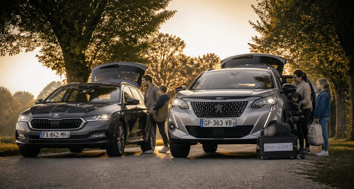 break ou suv garés côte à côte avec famille