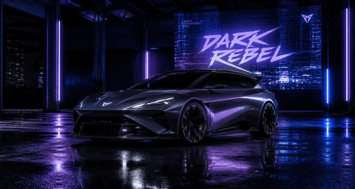 Cupra Dark Rebel prix dans hangar industriel de nuit