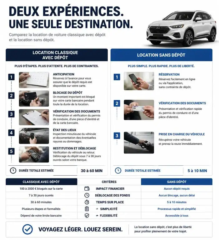 Infographie comparative location voiture sans caution vs location classique