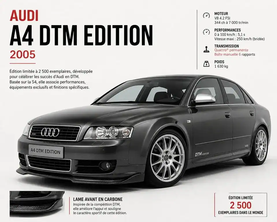 Audi A4 DTM Edition, vue de face mettant en avant ses éléments aérodynamiques en carbone et son design exclusif.