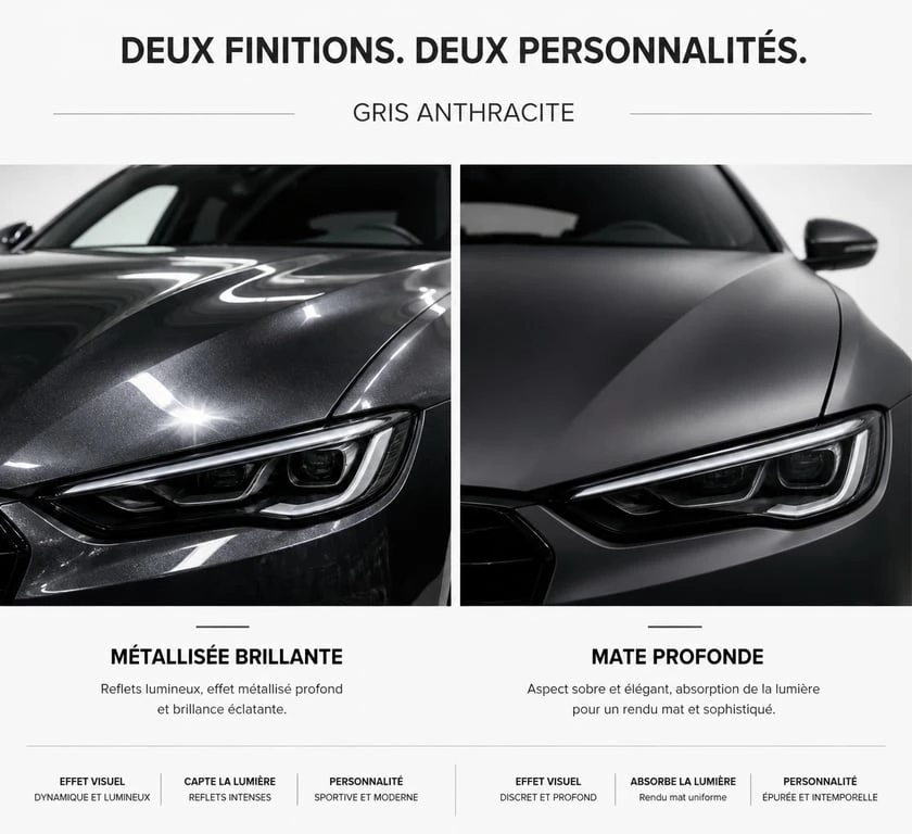 Comparaison entre une voiture gris anthracite métallisé et une voiture gris anthracite mat pour choisir la finition idéale.