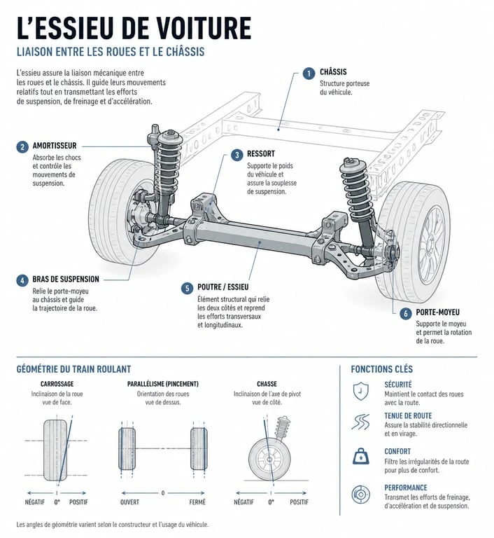Schéma technique simplifié d'un essieu de voiture montrant le fonctionnement du train roulant