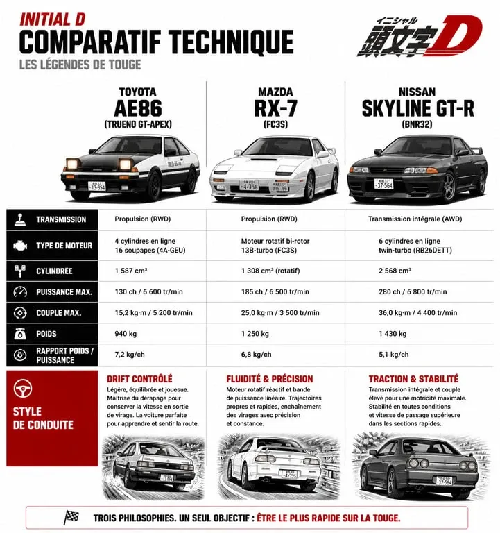 Comparatif technique des voitures emblématiques de Initial D : Toyota AE86, Mazda RX-7 et Nissan Skyline GT-R