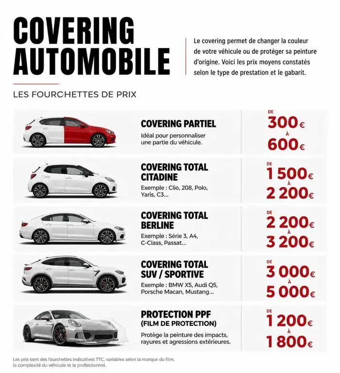 Infographie comparative des prix de covering voiture selon le type de véhicule et de prestation