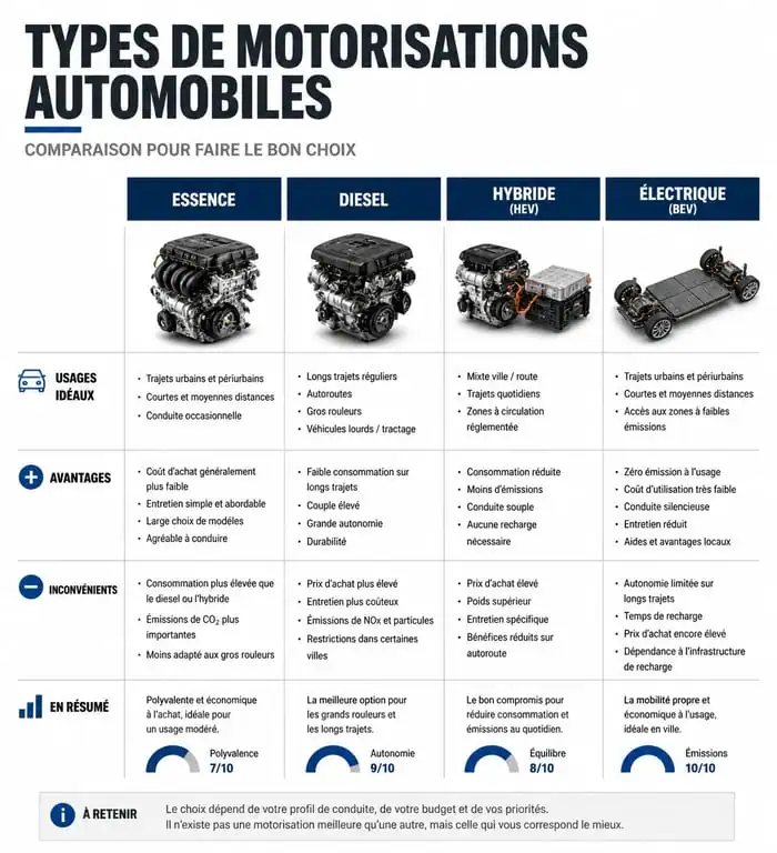 Infographie comparative des motorisations de voiture essence, diesel, hybride et électrique