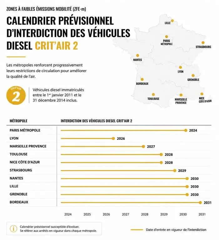 Calendrier des interdictions Crit'Air 2 diesel par ville en France