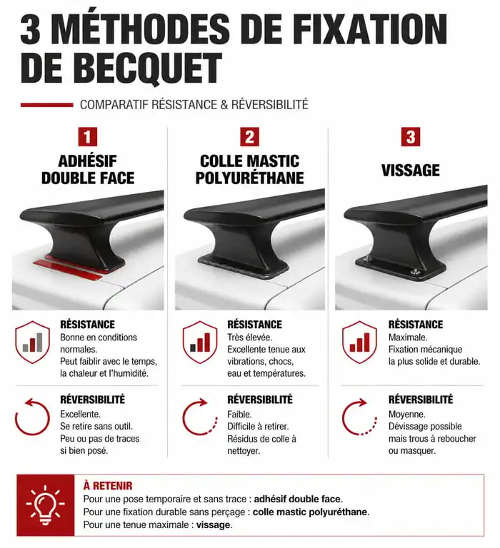 Tableau comparatif des méthodes de fixation pour becquet de voiture : adhésif, colle et vissage.