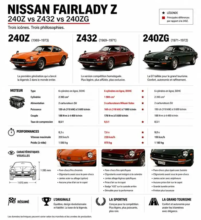 Infographie comparative des spécifications techniques des modèles Nissan Fairlady Z 240Z, Z432 et 240ZG