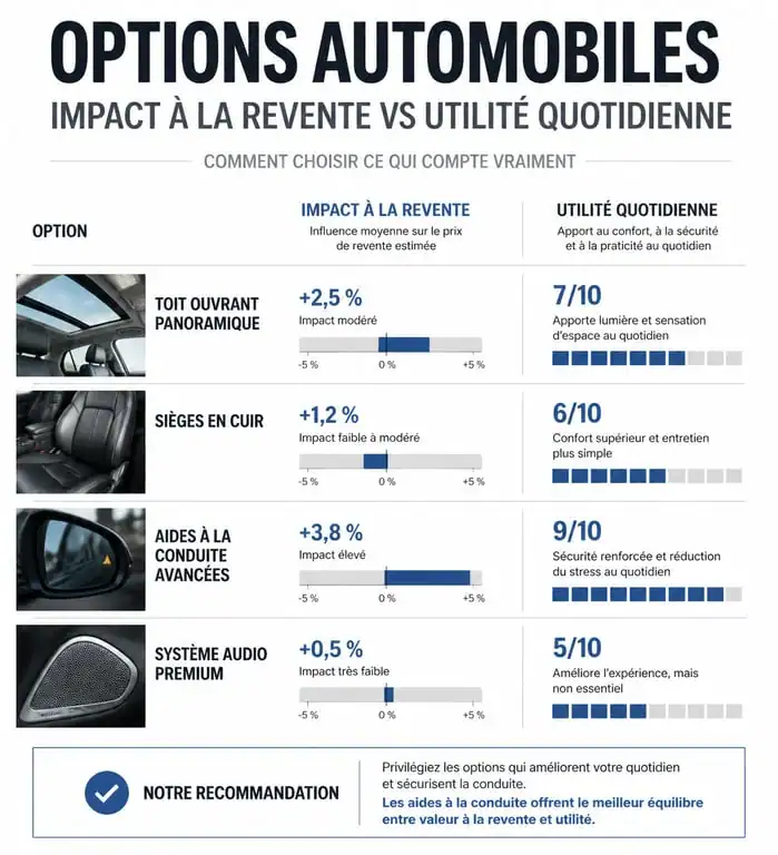 Tableau comparatif de l'impact à la revente et de l'utilité des options voiture