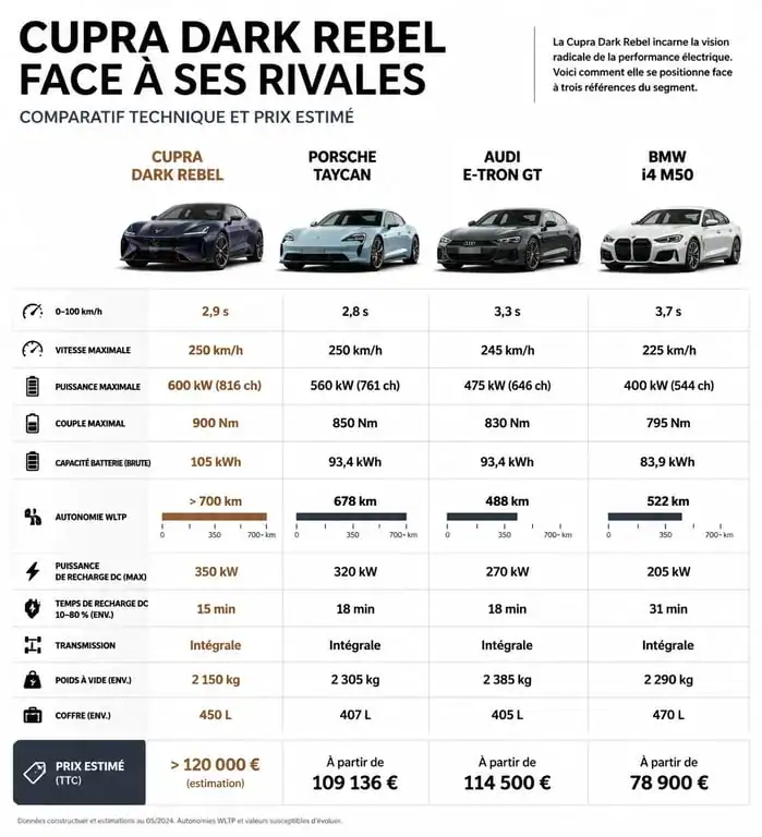 Comparatif des prix et caractéristiques techniques de la Cupra Dark Rebel face aux sportives électriques premium