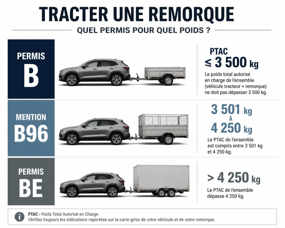 Infographie des catégories de permis VL pour tracter une remorque selon le PTAC