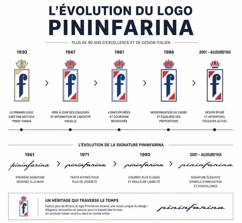 Évolution du logo Pininfarina : de la lettre f couronnée au lettrage dynamique contemporain