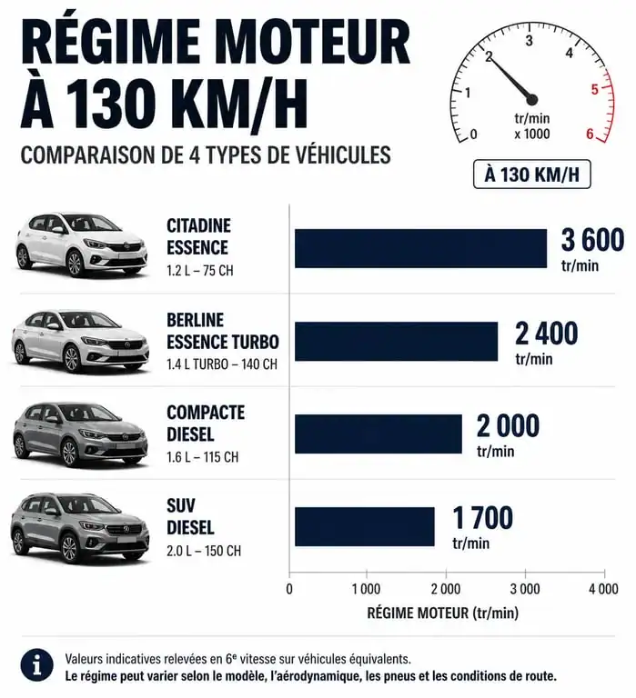 Comparatif visuel des régimes moteur à 130 km/h selon le type de véhicule et de motorisation