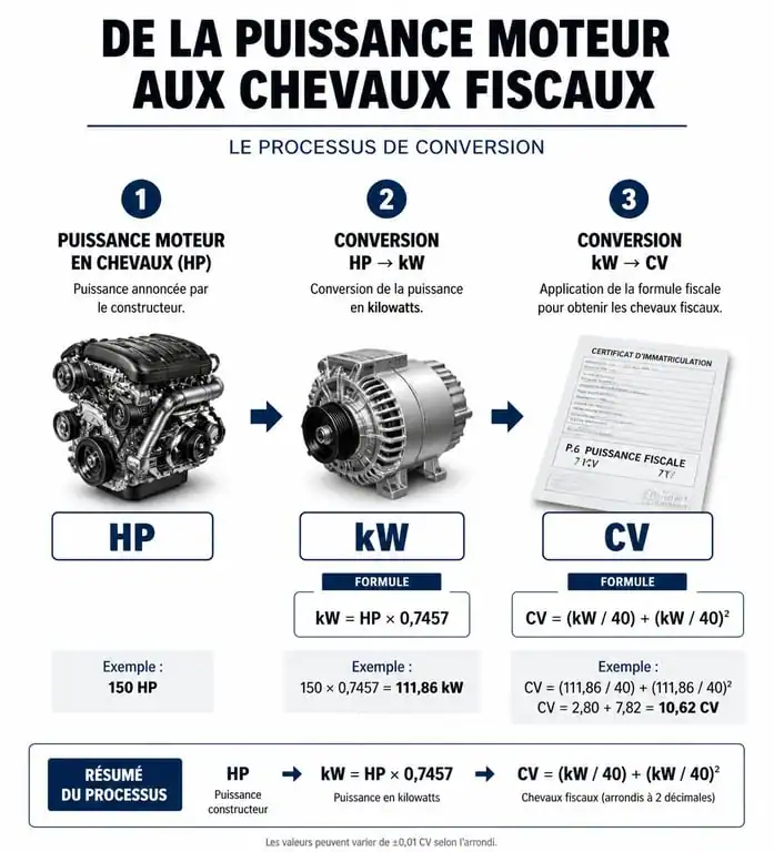 Schéma de conversion de la puissance réelle HP en chevaux fiscaux CV pour carte grise