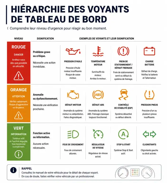 Infographie des voyants de tableau de bord de voiture : signification et code couleur