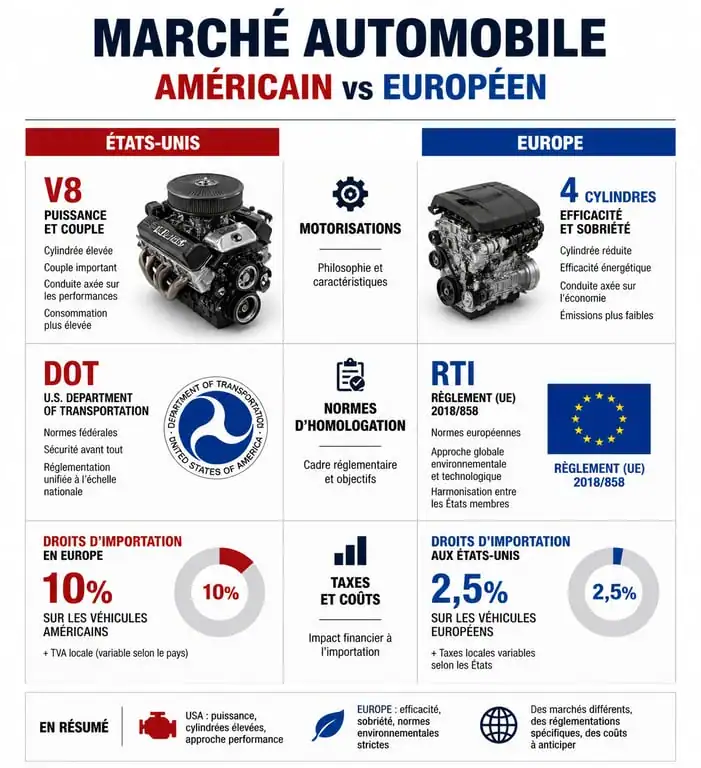 Comparatif des spécificités techniques et administratives entre les automobiles aux USA et en Europe