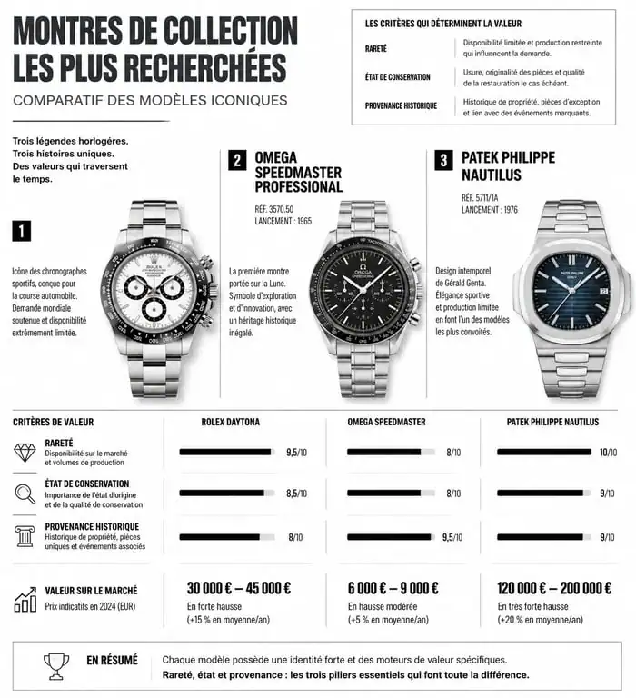 Infographie comparative des montres anciennes les plus recherchées et leurs critères de valeur