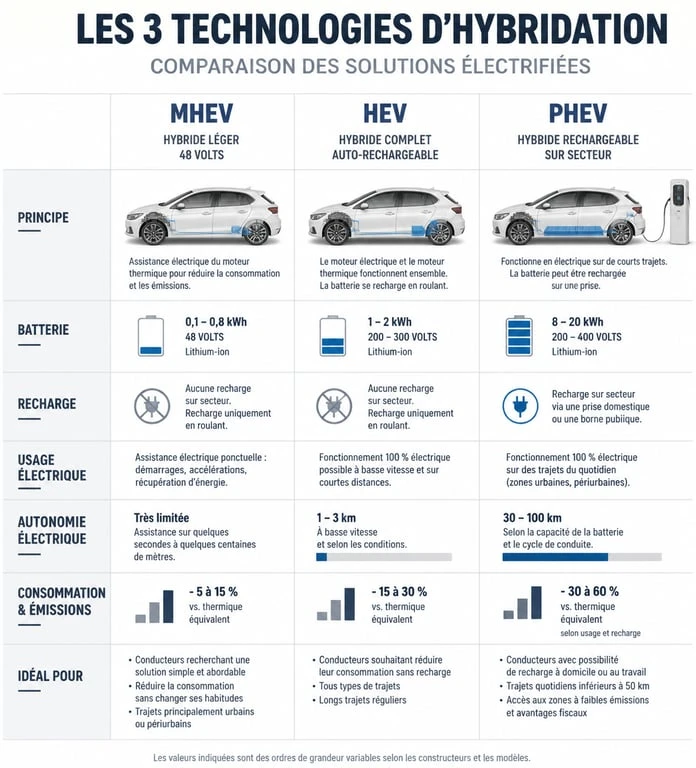 Comparatif des technologies hybrides MHEV, HEV et PHEV pour choisir la meilleure voiture hybride
