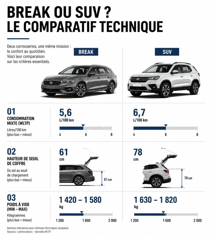 Infographie comparative break ou suv : différences techniques, consommation et volume de coffre