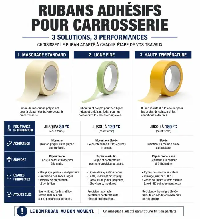 Comparatif des types de ruban adhésif carrosserie voiture selon leur usage et résistance thermique