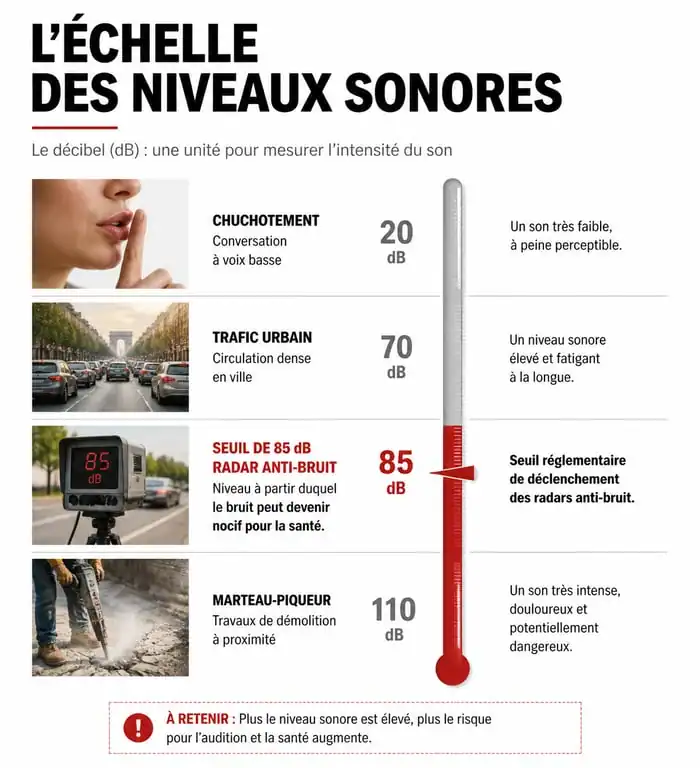 Infographie comparative des niveaux sonores et seuil du radar anti-bruit