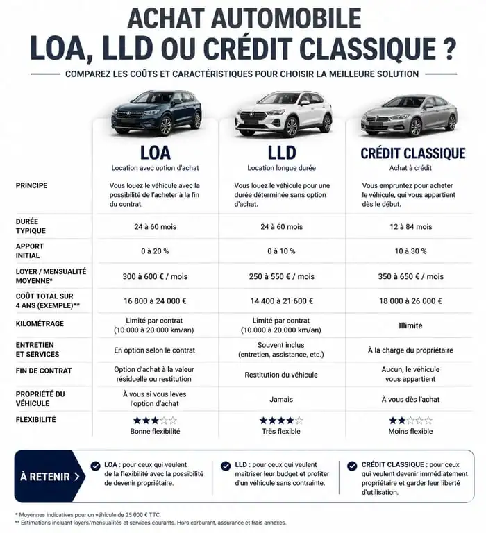 Comparatif des modes de financement automobile : LOA, LLD et crédit classique