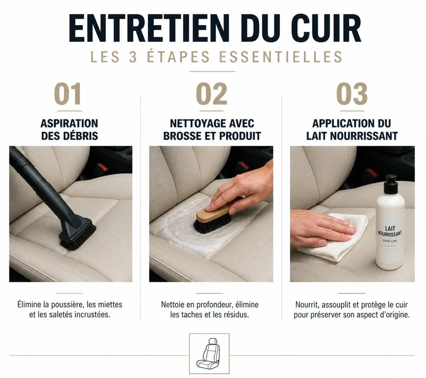 Infographie des étapes d'entretien des sièges en cuir de voiture : aspiration, nettoyage et hydratation