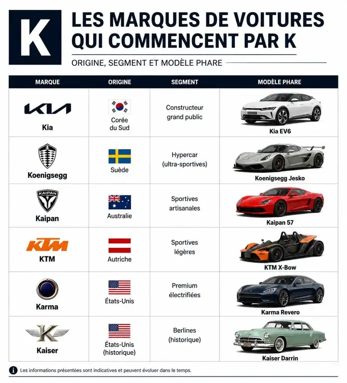 Infographie comparative des marques de voitures commençant par la lettre K