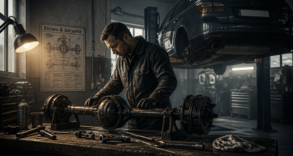 Essieu voiture examiné par mécanicien en garage