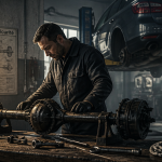 Essieu voiture examiné par mécanicien en garage