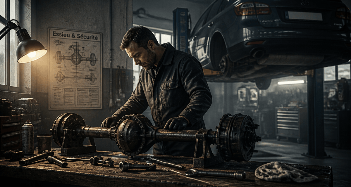Essieu voiture examiné par mécanicien en garage