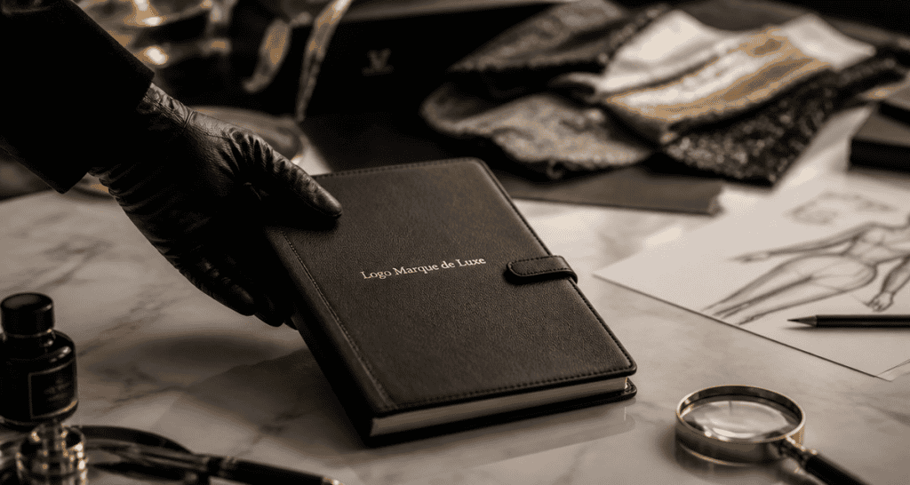 logo marque de luxe sur carnet cuir