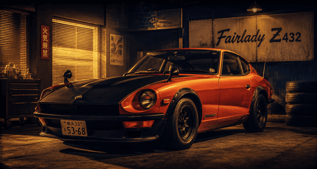 nissan fairlady z432 orange garage rétro
