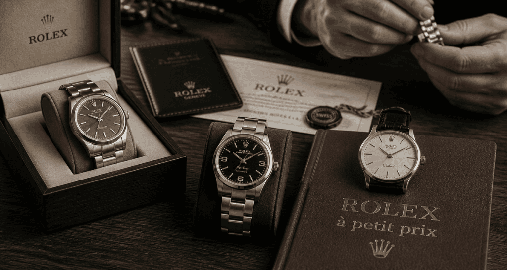 rolex la moins cher sur table en bois