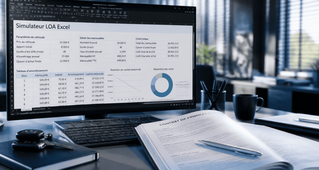 simulateur calcul loa excel sur écran avec contrat et clés