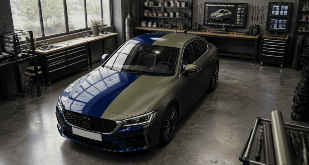 simulation covering voiture sur berline en atelier