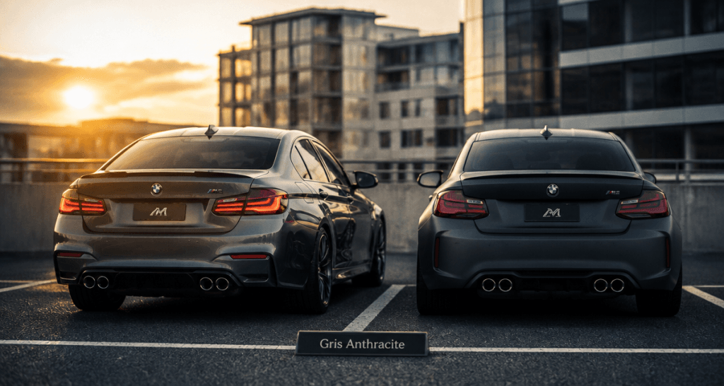 Deux voitures gris anthracite sur un parking urbain
