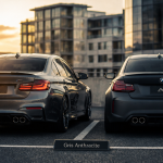 Deux voitures gris anthracite sur un parking urbain