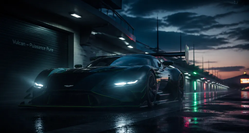 Aston Martin Vulcan noire et verte sur piste