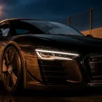 Audi R8 e tron noire sur piste humide, 3,9 s, 92 kWh